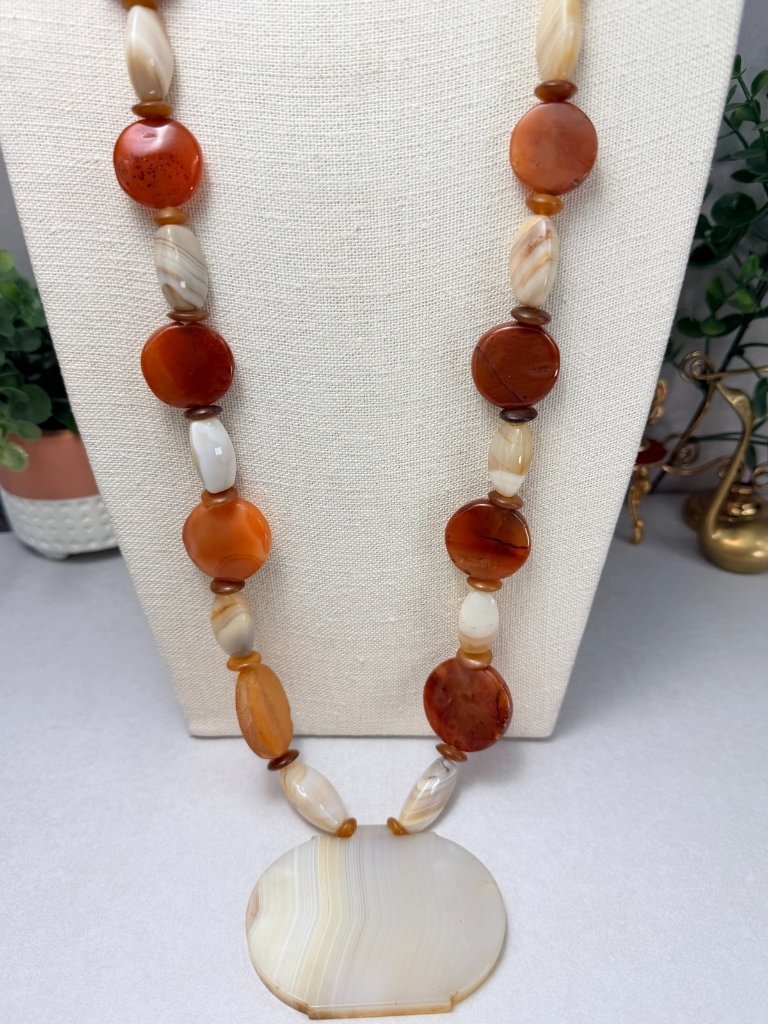 Vintage Faceted Carnelian Agate Chalcedony Onyx Mop Long Necklace